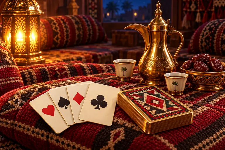 ورق بلوت على مركى سدو جنب دلة وتمر