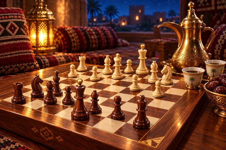 رقعة شطرنج خشبية وقطعها جنب دلة وفناجين