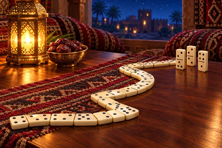 قطع دومينو عاجية على طاولة خشبية جنب فانوس وتمر